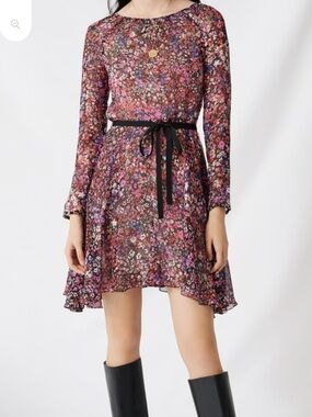 NWT Maje Relana Floral Silk Belted long sleeve Mini Dress Size 38 Medium